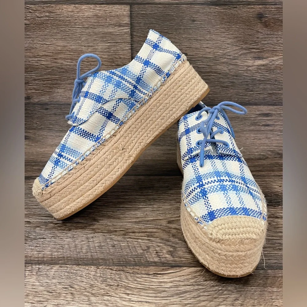 Tory Burch Women's Florence Blue Check Platform Espadrille Shoes Sz 8‎